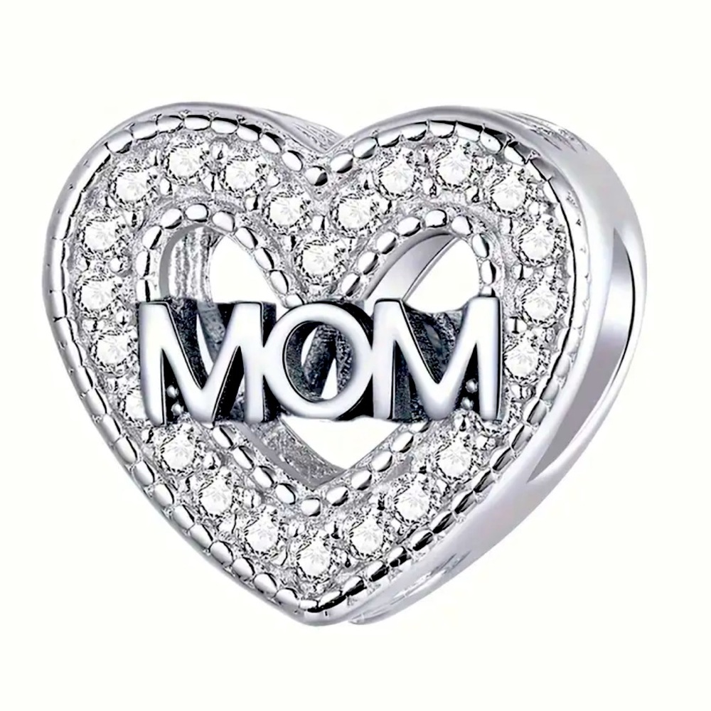 silver and crystal heart mom charm for bracelet or necklace NWT
